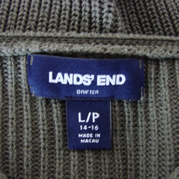 Lands' End Ribbed V-neck Cotton Sweater Olive Green Pink Size Petite Large 14 16 - Picture 3 of 13